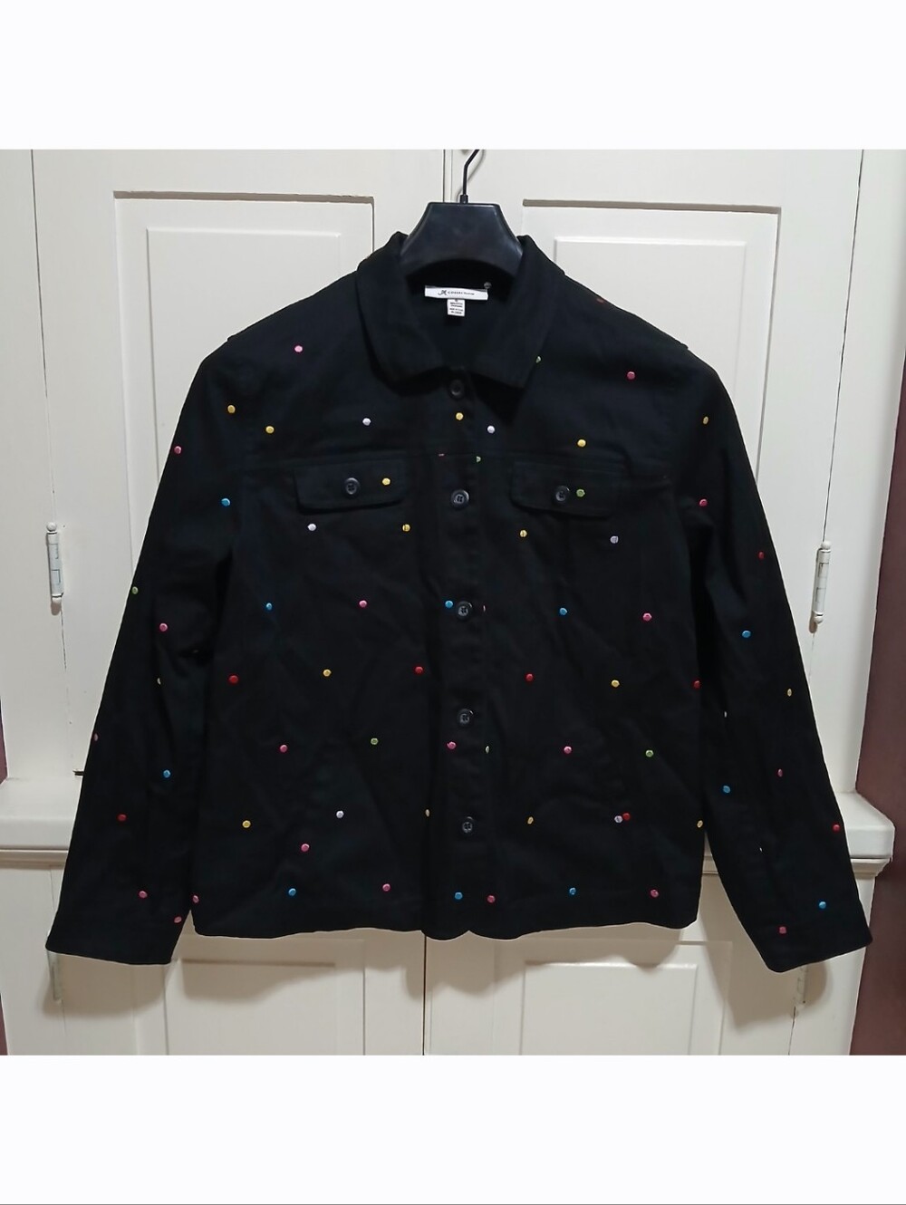JM Collection Black Denim Jacket Embroidered Colorful Dotted Women's Size 16